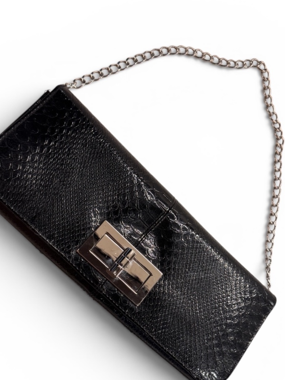 Lulu Townsend Black Snakeskin Embossed Clutch Chain Evening Bag